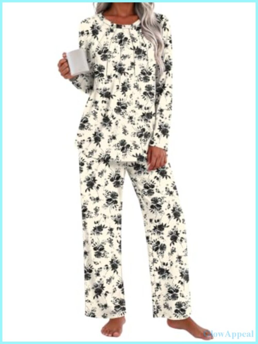 Womens 2 Piece Pleated Front Pajama Set Rayon Spandex Long Sleeve Loungewear